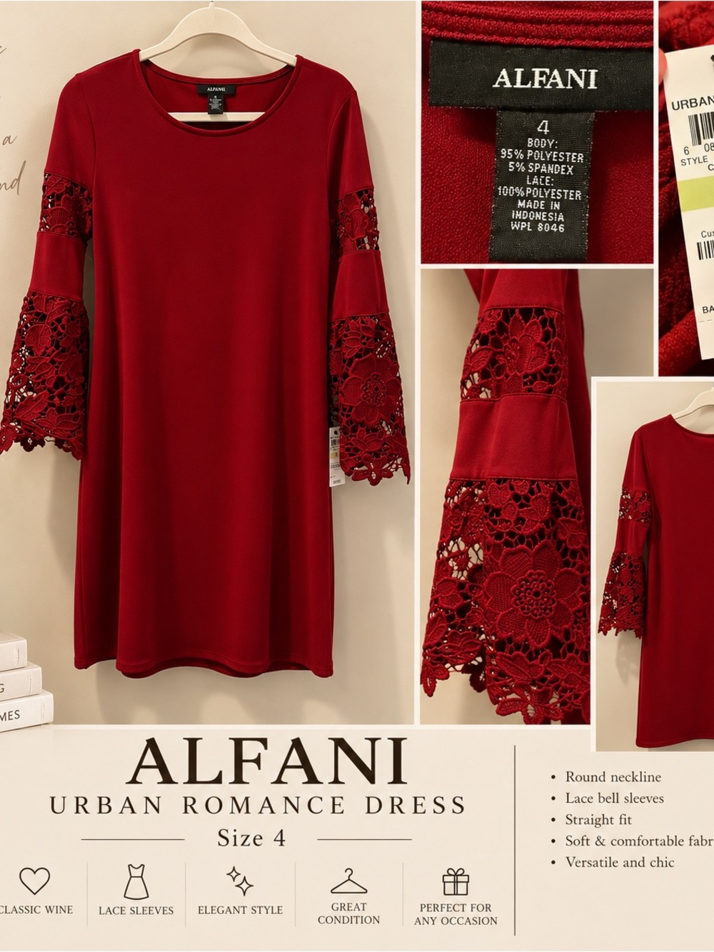 NWT Alfani Urban Romance Classic Wine Lace Sleeve Dress Size 4